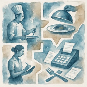 fragmented restaurant operations   colors are blue taupe and white watercolor