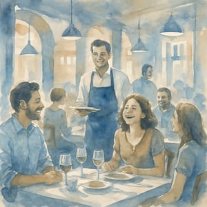 happy restaurant culture  colors are blue taupe and white watercolor