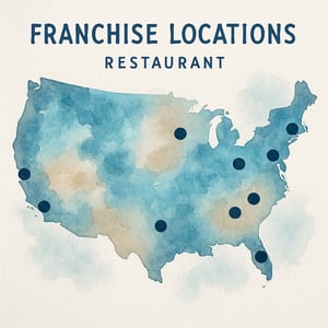 restaurant franchise locations  colors are blue taupe and white watercolor