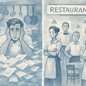 chef overwhelmed by orders and too many workers